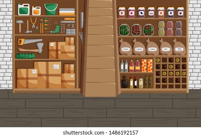 Vector Illustration of Basement in Flat Style. Classic Concept of Cellar with Canned Food, Wine and Vegetables. Workshop or Storehouse with Mechanic Equipment Set. Modern Design of Storage Interior