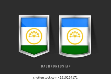 Ilustración vectorial del logotipo de la etiqueta BASHKORTOSTAN. Signo de insignia BASHKORTOSTAN BASHKORTOSTAN con bandera, Plantilla de Anuncios de etiqueta de Producto de Bashkir.