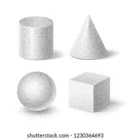 Vector illustration of basic 3d black and white shapes set of cube, cylinder, sphere and cone with halftone grainy texture, geometric stippled solids  isolated on white background