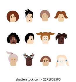 vector illustration of basic emotions and other in cartoon comic style. Diversity of People heads with different feelings types
