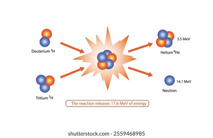 Vector illustration of the basic model of a fusion reaction. Educational properties of nuclear physics.