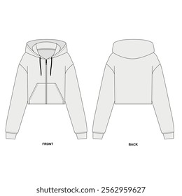 Vector illustration of basic shortened hoodie with zipper front, front and back view. Outline Sketch of a fashionable jacket with zipper and hood and pockets. 