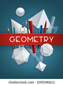 Vector illustration of basic white geometry shapes and school supplies. Set of solid isometric figures with pens, pencils, rulers, marker, clips, felt-tip pen, dividers and red ribbon for text on blue