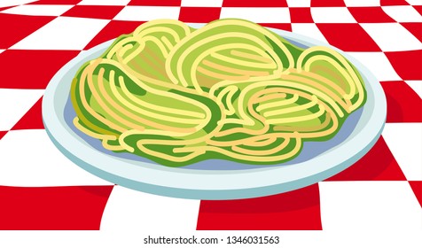 Vector illustration of basil pesto spaghetti isolated on red and white crossed pattern like in traditional italian restaurant