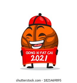 vector illustration of basket ball mascot or character holding red scroll and says happy chinese new year 2021