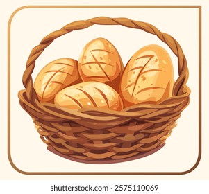 Vector illustration of basket brimming with warm wholesome bread, freshness and homemade goodness. Cartoon crusty loaves, freshly baked goods from a local bakery or farmer's market vector icon