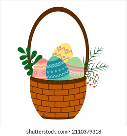 Vector illustration of a basket with colored eggs and twigs of plants isolated on a white background. Oriental traditional symbol and design element. Cute picture with a spring icon..