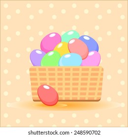 Vector illustration of a basket with colorful Easter Eggs. Easter postcard.