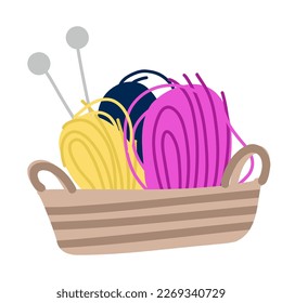 Vector Illustration of a Basket of Colorful Yarn and Knitting Needles