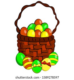 Vector illustration of a basket with Easter colorful eggs. Stock illustration of easter eggs. Beautiful brown basket with red, green, yellow eggs isolated on white background.