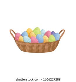 
Vector illustration of a basket with easter eggs on a white background. Multi-colored eggs in a basket.