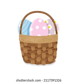 Vektorgrafik des Korbes mit Ostereiern einzeln auf weißem Hintergrund. Illustration im flachen Stil. Grußkartenkorb mit bunten Eiern.