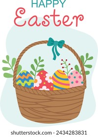 Ilustración vectorial de una cesta con huevos de Pascua. Concepto colorido feliz de Pascua en estilo plano	