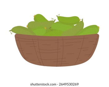 Vector illustration of a basket filled with fresh cucumbers. The illustration displays a simple and clean design, ideal for representing healthy eating, gardening, or market themes.