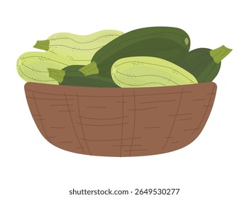 Vector illustration of a basket filled with fresh zucchini in varying shades of green. The image highlights the natural texture and color of the zucchini, ideal for food-related designs or projects.