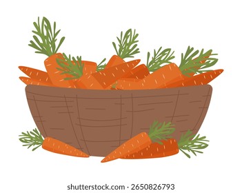 Vector illustration of a basket filled with fresh carrots, featuring green leafy tops. This simple design showcases the abundance and freshness of harvest produce in a rustic setting.