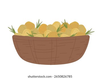 Ilustração vetorial de uma cesta cheia de cebolas. O design simples destaca a abundância rústica, perfeita para temas de outono ou projetos relacionados à alimentação.