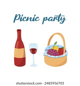 Vector illustration of a basket with food and drinks for a picnic. Colored card with barbecue items. Set of things for a family day out in the forest or park. BBQ elements. 
