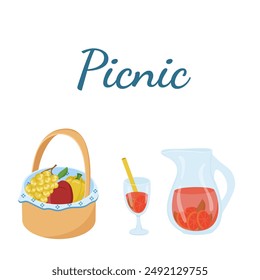 Vector illustration of a basket with food and drinks for a picnic. Barbecue color card. Set of things for a family day out in the forest or park. BBQ elements. 