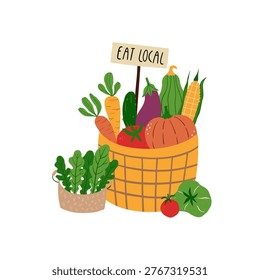 Vector illustration of basket with fresh vegetables and eat local sign. Includes pumpkin, corn, carrot, tomato and greens. Modern flat style design for farm, organic food and healthy lifestyle themes