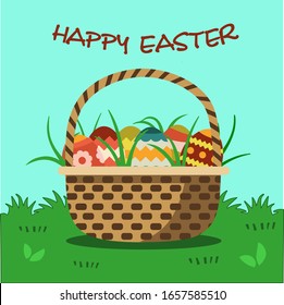 vector illustration of basket full of colorful Easter basket full of eggs on grass .Good for web social network posters and other .good for print on T- shirts and other