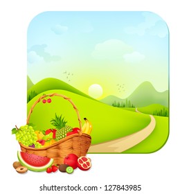 vector illustration of basket full of fresh fruit on natural landscape