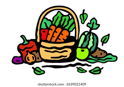 Vector illustration of a basket with a large set of ripe and healthy vegetables, berries and fruits on a white isolated background