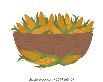 Vector illustration of a basket overflowing with fresh corn. This detailed image showcases the abundance and richness of the harvest, perfect for agricultural and food-related themes.