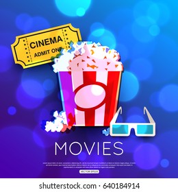 Vector illustration of the basket with popcorn and cinema ticket with 3d goggles on blue blotted background