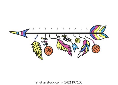 Vector illustration for basketball. Arrow with feathers, flag, heart, doodle, boho style. Print design for T-shirts, flyers, posters.