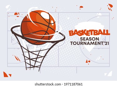 Vector illustration of a basketball ball in a basketball basket, basketball tournament - Shutterstock ID 1971187061
