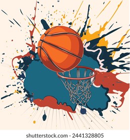 Ilustración vectorial de una pelota de baloncesto en una canasta de baloncesto, torneo de baloncesto,