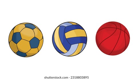 Ilustración vectorial del baloncesto, el voleibol, el fútbol sobre fondo blanco.