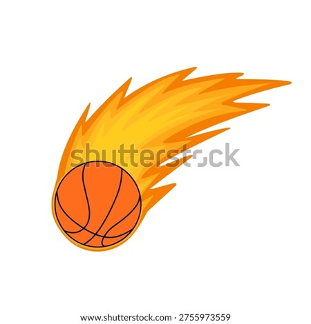 Vector illustration of a basketball blazing with orange and yellow flame. Fireball. Basketball with fire kick. Basketball design. Basketball sport 
