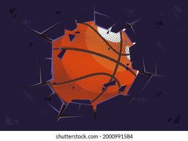 vector illustration of a basketball breaking a wall in the center, fragments of a wall, a broken wall from being hit by a ball