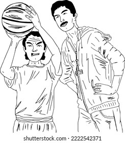 A vector illustration of Basketball Coach giving tips to young player, Basketball academy sketch drawing, Little boy with basketball and his trainer, basketball clip art and symbol