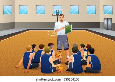 A vector illustration of Basketball Coach Talking With His Players on the Court