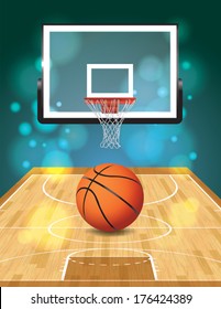 A vector illustration of a basketball court, ball, and hoop. EPS 10. File contains transparencies and gradient mesh.