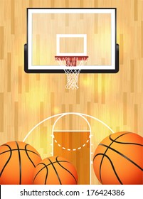 A vector illustration of a basketball court, balls, and hoop. EPS 10. File contains transparencies and gradient mesh.