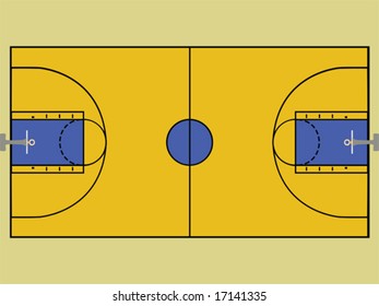 Vector illustration of a basketball court, in orange and blue. For jpeg version, please see my portfolio.