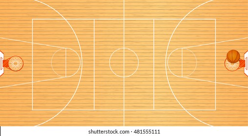 Vector Illustration A Basketball Court, Top View, A Ball In A Basket, Tournament Area, Team Sport