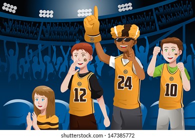 A vector illustration of basketball fans cheering inside the stadium