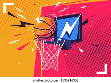 Vector illustration of a basketball flying into the ring, in the style of pop art