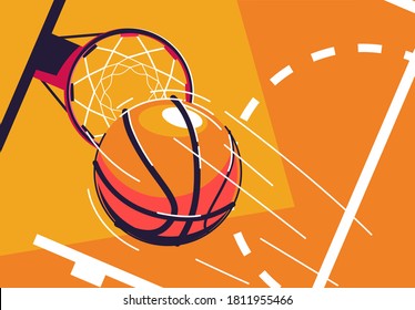 Vector illustration of a basketball flying into a basketball Hoop, top view, with a piece of marking of the baskotball court