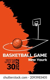 vector illustration of a basketball game ticket, tournament, basketball league. basketball court and ball. black and orange color.