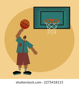 Vector  illustration basketball game training outdoor activity playground, boy with ball, basketball hoop. Vintage style.