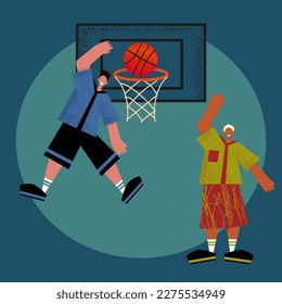 Vector  illustration basketball game training outdoor activity playground, boys with ball, basketball hoop. Vintage style.