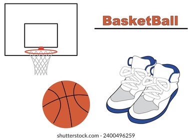 Vector illustration of basketball goal, basketball and basketball shoes