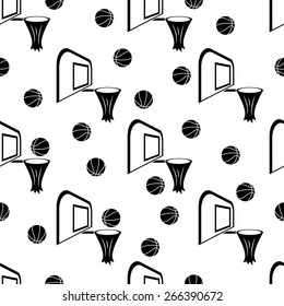 Vector illustration of basketball hoop, ball, backboard. Black seamless pattern isolated on white background.