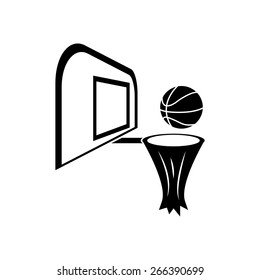 Vector illustration of basketball hoop, ball, backboard. Simple black isolated icon on white background.